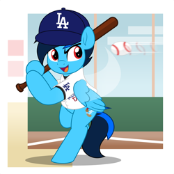 Size: 5000x5000 | Tagged: safe, artist:jhayarr23, oc, oc only, oc:cobalt chaser, pegasus, pony, baseball, baseball bat, baseball cap, bipedal, blue coat, blue mane, cap, clothes, digital art, folded wings, hat, jersey, los angeles, los angeles dodgers, male, mlb, pegasus oc, red eyes, solo, sports, wings