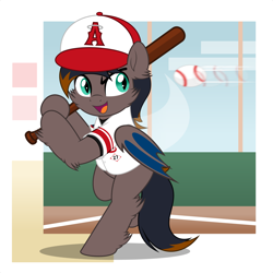 Size: 5000x5000 | Tagged: safe, artist:jhayarr23, oc, oc only, oc:black night, bat pony, baseball, baseball bat, baseball cap, bat pony oc, bipedal, cap, clothes, digital art, folded wings, gray coat, hat, jersey, los angeles, los angeles angels, male, male oc, mlb, solo, sports, wings