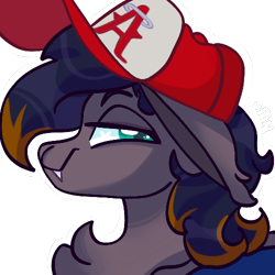 Size: 500x500 | Tagged: safe, artist:pins_et_needles, oc, oc only, oc:black night, bat pony, baseball cap, bat pony oc, bust, cap, digital art, emotes, fangs, floppy ears, gray coat, green eyes, hat, los angeles, los angeles angels, simple background, smiling, smug, solo, transparent background