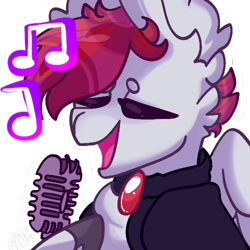 Size: 500x500 | Tagged: safe, artist:pins_et_needles, oc, oc only, oc:fullmoon, pegasus, pony, bust, cloak, clothes, digital art, eyes closed, gray coat, microphone, music notes, pegasus oc, red mane, simple background, singing, solo, transparent background