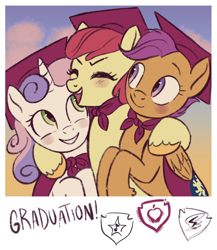 Size: 1300x1500 | Tagged: safe, artist:blue-aesthetic, apple bloom, scootaloo, sweetie belle, earth pony, pegasus, pony, unicorn, g4, blushing, cape, clothes, cmc cape, cutie mark crusaders, eyes closed, female, graduation, graduation cap, grin, hat, horn, mare, older, older apple bloom, older cmc, older scootaloo, older sweetie belle, open mouth, open smile, polaroid, smiling, sunset, text, trio, trio female