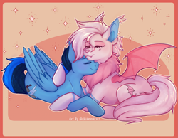 Size: 2179x1691 | Tagged: safe, artist:akiannakatt, oc, oc only, oc:cobalt chaser, oc:kit silkwing, bat pony, pegasus, pony, bat pony oc, blue coat, blue mane, cuddling, eyes closed, folded wings, hug, pegasus oc, pink coat, pink wings, spread wings, wings