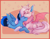 Size: 2179x1691 | Tagged: safe, artist:akiannakatt, oc, oc only, oc:cobalt chaser, oc:kit silkwing, bat pony, pegasus, pony, bat pony oc, blue coat, blue mane, cuddling, duo, duo male and female, eyes closed, female, folded wings, hug, male, passepartout, pegasus oc, pink coat, pink wings, spread wings, wings