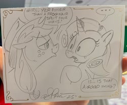 Size: 2048x1708 | Tagged: safe, artist:andy price, applejack, rarity, earth pony, pony, unicorn, g4, applejack's hat, cowboy hat, female, hat, horn, mare, speech bubble, traditional art