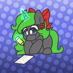 Size: 2048x2048 | Tagged: safe, artist:anxioussartist, oc, oc only, oc:drafty notes, pony, unicorn, bow, ear piercing, earring, flower, gray coat, green mane, hair bow, horn, jewelry, magic, paper, pencil, piercing, smiling, solo, telekinesis, unicorn oc, writing