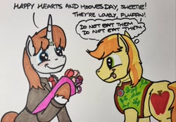 Size: 2048x1417 | Tagged: safe, artist:hoofclid, braeburn, oc, oc:hoofclid, earth pony, pony, unicorn, g4, bouquet, canon x oc, clothes, dialogue, duo, duo male, flower, gay, hearts and hooves day, horn, kitchen eyes, male, marker drawing, necktie, shipping, suit, thought bubble, tongue out, traditional art