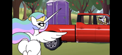 Size: 2400x1080 | Tagged: safe, artist:tamers12345, derpy hooves, princess celestia, alicorn, pegasus, pony, twilight sparkle and friends get stuck in a porta potty, g4, apple, apple tree, butt, duo, female, food, horn, mare, missing cutie mark, outdoors, pickup truck, plot, porta potty, questionable source, spread wings, sunbutt, sunglasses, sweet apple acres, the ass was fat, tree, wings