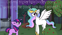 Size: 1916x1080 | Tagged: safe, artist:tamers12345, princess celestia, twilight sparkle, alicorn, pony, unicorn, twilight sparkle and friends get stuck in a porta potty, g4, apple, apple tree, crown, dialogue, food, horn, jewelry, looking at each other, looking at someone, missing cutie mark, night, open mouth, outdoors, porta potty, questionable source, regalia, spread wings, sweet apple acres, the ass was fat, tree, unicorn twilight, wings