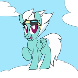 Size: 1000x1000 | Tagged: safe, artist:unitxxvii, fleetfoot, pegasus, pony, g4, cloud, female, goggles, mare, no pupils, on a cloud, open mouth, open smile, sky background, smiling, solo, standing on a cloud