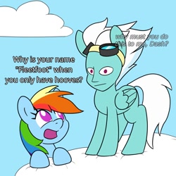 Size: 1000x1000 | Tagged: safe, artist:unitxxvii, fleetfoot, rainbow dash, pegasus, pony, g4, cloud, dialogue, duo, duo female, existential crisis, faic, female, goggles, mare, no pupils, on a cloud, open mouth, open smile, sky background, smiling, standing on a cloud, sudden realization