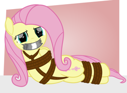 Size: 2000x1468 | Tagged: safe, artist:cardshark777, fluttershy, pegasus, g4, alternate version in the description, alternate versions at source, bondage, bound and gagged, crotch rope, digital art, female, femsub, fluttersub, gag, gradient background, helpless, looking at you, lying down, mare, prone, rope, rope bondage, solo, submissive, tape, tape gag, tied up