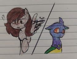 Size: 1379x1056 | Tagged: safe, artist:bloods, oc, oc:bloods, oc:wasisi, changedling, changeling, pegasus, 2 panel comic, changedling oc, changeling oc, comic, pegasus oc, traditional art