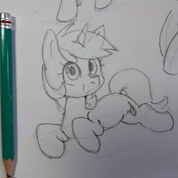 Size: 1920x1920 | Tagged: safe, artist:talimingi, lyra heartstrings, pony, unicorn, g4, female, horn, looking at you, lying down, mare, pencil drawing, prone, sketch, smiling, smiling at you, solo, traditional art