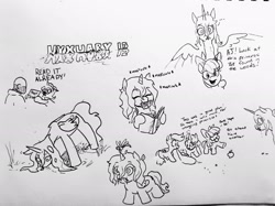 Size: 2048x1532 | Tagged: safe, artist:pony quarantine, apple bloom, scootaloo, sweetie belle, oc, oc:nyx, oc:ponyquarantine, alicorn, dragonfly, earth pony, human, insect, pegasus, pony, unicorn, fanfic:past sins, g4, ..., alternate universe, apple, bibliovore, book, cutie mark crusaders, drink, drinking, eating grass, female, feral, filly, foal, food, grayscale, herbivore, horn, horses doing horse things, human male, implied applejack, male, mare, messy mane, monochrome, nyxruary, onomatopoeia, pen drawing, pond, sack, spread wings, traditional art, water, wings