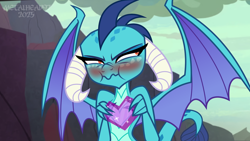 Size: 1280x720 | Tagged: safe, princess ember, dragon, g4, annoyed, blushing, dragon lord ember, dragoness, female, gem, heart, holding, holiday, looking away, looking up, show accurate, spread wings, tsundember, tsundere, valentine's day, valentine's day 2025, wings