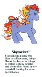 Size: 550x1000 | Tagged: safe, sky rocket, earth pony, pony, twinkle eyed pony, g1, my little pony fact file, official, bow, closed mouth, cute, female, g1 backstory, mare, raised hoof, rocketbetes, smiling, solo, tail, tail bow, text, trademark