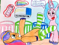 Size: 2904x2246 | Tagged: safe, artist:bitter sweetness, izzy moonbow, sunny starscout, earth pony, unicorn, g5, abdl, adult foal, clothes, diaper, diaper fetish, duo, female, fetish, glowing, glowing horn, horn, levitation, magic, non-baby in diaper, open mouth, open smile, smiling, socks, spanish, spanish text, speech bubble, striped socks, telekinesis, traditional art, translated in the description, wooden floor