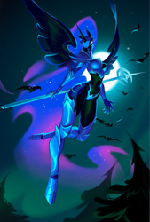 Size: 1591x2360 | Tagged: safe, artist:holivi, edit, nightmare moon, alicorn, bat, anthro, unguligrade anthro, g4, absolute cleavage, armor, axe, breasts, busty nightmare moon, cleavage, clothes, cropped, ethereal mane, ethereal tail, female, flying, full moon, helmet, horn, jewelry, long horn, long mane, long tail, moon, night, night sky, regalia, sky, solo, spread wings, stars, tail, unconvincing armor, useless clothing, weapon, wings