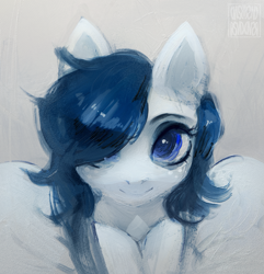 Size: 1943x2016 | Tagged: safe, artist:rvsd, oc, oc only, pegasus, pony, blue eyes, blue mane, bust, female, hair over one eye, mare, smiling, solo, white coat