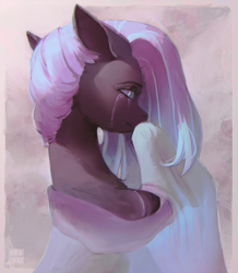 Size: 2598x2980 | Tagged: safe, artist:rvsd, oc, oc only, earth pony, pony, bust, crying, female, high res, looking back, mare, purple coat, shawl, solo, teary eyes