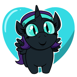 Size: 1100x1100 | Tagged: safe, artist:jargon scott, oc, oc only, oc:nyx, alicorn, pony, cute, female, filly, foal, headband, heart, heart background, looking at you, missing accessory, no glasses, nyxabetes, nyxruary, ocbetes, slit pupils, smiling, smiling at you, solo, spread wings, wings