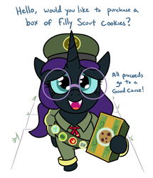 Size: 1290x1499 | Tagged: safe, artist:jargon scott, oc, oc only, oc:nyx, alicorn, pony, cute, dialogue, fangs, female, filly, filly guides, foal, girl scout cookies, glasses, lidded eyes, looking at you, mare, merit badge, nyxabetes, nyxruary, ocbetes, open mouth, open smile, round glasses, simple background, smiling, smiling at you, solo, talking to viewer, white background