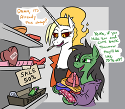 Size: 1032x899 | Tagged: safe, artist:jargon scott, oc, oc only, oc:anon-mare, oc:dyx, alicorn, earth pony, pony, box of chocolates, cigarette, clothes, dialogue, duo, duo female, female, holiday, hoodie, mare, older, older dyx, sale, smoking, speech bubble, valentine's day