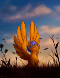 Size: 2000x2600 | Tagged: safe, artist:erein, oc, oc only, oc:crushingvictory, pegasus, pony, blue mane, chest fluff, cloud, ears up, evening, eyes closed, field, flower, grass, high res, male, outdoors, pegasus oc, sky, smiling, solo, spread wings, stallion, wind, wings, yellow coat