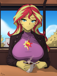 Size: 1500x2000 | Tagged: safe, artist:artesswren, sunset shimmer, human, equestria girls, g4, breasts, busty sunset shimmer, coffee, coffee mug, coffee shop, mug, smiling, solo, window