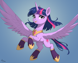 Size: 2048x1670 | Tagged: safe, artist:artesswren, twilight sparkle, alicorn, pony, g4, female, flying, gradient background, mare, open mouth, open smile, smiling, solo, twilight sparkle (alicorn)