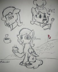 Size: 3000x3693 | Tagged: safe, artist:wasisi, oc, oc:bloods, pegasus, pony, chef's hat, coffee, doodle, flag, hat, looking at you, pegasus oc, peru, sitting, sketch, traditional art, wooden spoon