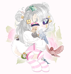 Size: 2500x2600 | Tagged: safe, artist:medkit, oc, oc only, unnamed oc, bird, dog, earth pony, hybrid, parrot, pony, accessory, big eyes, bird on head, blue eyes, blushing, bow, bun, buns, chibi, choker, clothes, colored ears, colored eyebrows, colored eyelashes, colored hooves, colored lineart, colored pupils, commission, crescent moon, cute, dot eyes, ear fluff, ears up, earth pony oc, eye clipping through hair, eyebrows, eyebrows visible through hair, eyeshadow, facial markings, female, flower, fluffy, flying, fringe, full body, gold, gradient ears, gradient mane, gray mane, gritted teeth, hairpin, hairstyle, heart, high res, hooves, hug, lightly watermarked, looking at someone, makeup, mane, mare, moon, one eye closed, paint tool sai 2, pink, raised hooves, rose, scrunchie, signature, simple background, sitting, sleeping, smiling, socks, solo, striped socks, sweatshirt, tail, tail fluff, teeth, three quarter view, three toned mane, wall of tags, watermark, winghug, wings