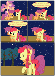 Size: 2700x3713 | Tagged: safe, artist:gm-scoots, apple bloom, scootaloo, comic:bleeding hearts, comic, female, hug, intertwined tails, lesbian, scootaloo can fly, ship:scootabloom, shipping, tail, winghug, wings