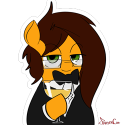 Size: 2420x2420 | Tagged: safe, artist:portercat, oc, oc only, oc:ivan101, earth pony, pony, alcohol, brown mane, clothes, drink, earth pony oc, green eyes, looking at you, male, orange coat, smiling, solo, stallion, sticker