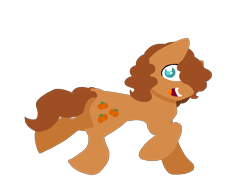 Size: 1019x800 | Tagged: safe, artist:darkify, derpibooru exclusive, oc, oc only, oc:pumpkin spice (darkify), earth pony, pony, ambiguous gender, curly mane, dock, earth pony oc, eye shimmer, happy, looking at you, one eye covered, open mouth, past self, photo, simple background, solo, standing on two hooves, tail, teal eyes, the pony is ginger everybody run, transparent background, trotting