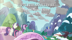 Size: 1069x599 | Tagged: safe, edit, edited screencap, editor:incredibubbleirishguy, screencap, rarity, twilight sparkle, unicorn, g4, 12 years, 2013, celebration, magical mystery cure 12th anniversary, rainbow dash's cutie mark, unicorn twilight