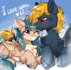 Size: 2048x2019 | Tagged: safe, artist:lunylin, oc, oc only, oc:osteen, oc:peacher, pegasus, pony, blushing, cheek fluff, chest fluff, commission, duo, duo male and female, ear fluff, female, fluffy, folded wings, heart, i love you, lying down, male, mare, oc x oc, one eye closed, peachsteen, pegasus oc, prone, shipping, smiling, stallion, straight, unshorn fetlocks, wings, ych result