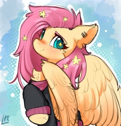 Size: 3928x4096 | Tagged: safe, artist:lunylin, fluttershy, pegasus, pony, g4, blushing, cheek fluff, chest fluff, colored sketch, ear fluff, ear piercing, earring, female, jewelry, mare, piercing, sketch, smiling, solo, starry eyes, wingding eyes, wings