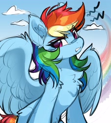 Size: 3711x4096 | Tagged: safe, artist:lunylin, rainbow dash, pegasus, pony, g4, chest fluff, cloud, colored sketch, ear fluff, female, mare, outdoors, sketch, sky, solo, spread wings, wings