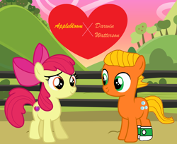 Size: 2794x2282 | Tagged: safe, artist:memeartboi, apple bloom, earth pony, pony, g4, apple bloom's bow, apple bloom's cutie mark, bow, clothes, collaboration, colored text, colt, couple, crossover, cute, darwin watterson, duo, duo male and female, exploitable meme, female, filly, foal, hair bow, heart, i ship it, looking at each other, looking at someone, love, lovers, male, meme, outdoors, ponified, romance, romantic, shipping, smiling, socks, standing, straight, sunset, text, the amazing world of gumball, what if