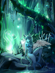 Size: 1662x2217 | Tagged: safe, artist:vinni, alicorn, earth pony, pegasus, unicorn, anthro, advertisement, commission, forest, horn, magic, nature, tree, your character here