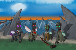 Size: 2855x1903 | Tagged: safe, artist:john_pepsi, oc, oc:trimmel, changeling, equestria at war mod, changeling oc, clothes, fangs, green changeling, gun, hat, headphones, insignia, military uniform, navy, necktie, outdoors, purple changeling, red changeling, rifle, suit, trenchcoat, uniform, warship, weapon