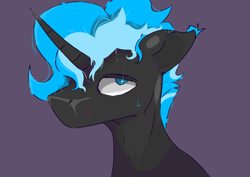 Size: 3508x2480 | Tagged: safe, artist:hrabiadeblacksky, oc, oc only, oc:hrabia de black sky, unicorn, blue eyes, head, horn, male, simple background, solo, wrong view