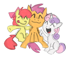 Size: 902x708 | Tagged: safe, artist:6bluegirl6, apple bloom, scootaloo, sweetie belle, earth pony, pegasus, pony, unicorn, g4, :3, :d, :p, ^^, cutie mark crusaders, eyes closed, female, filly, foal, full body, horn, open mouth, open smile, simple background, sitting, smiling, tongue out, white background