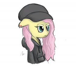 Size: 1852x1632 | Tagged: safe, artist:rosefluffdraws, fluttershy, pony, g4, cap, clothes, ear piercing, female, hat, headphones, hoodie, mare, piercing, signature, simple background, solo, white background