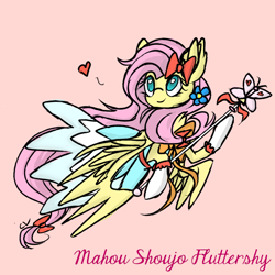 Size: 1000x1000 | Tagged: safe, artist:rosefluffdraws, fluttershy, pegasus, pony, g4, bow, clothes, dress, female, flower, flower in hair, gloves, hair bow, heart, magical girl, magical girl site, mare, pink background, scepter, simple background, smiling, solo, tail, tail bow, text