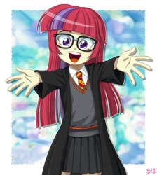 Size: 1000x1118 | Tagged: safe, artist:uotapo, moondancer, equestria girls, g4, clothes, glasses, harry potter (series), looking at you, necktie, school uniform, skirt, smiling, smiling at you, solo, spread arms, sweater, uniform, younger