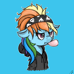 Size: 2000x2000 | Tagged: safe, artist:rosefluffdraws, pony, g4, alternate hairstyle, annoyed, bandana, blowing bubblegum, blue background, bubblegum, bust, clothes, female, floppy ears, hoodie, mare, simple background, solo