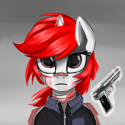 Size: 1900x1900 | Tagged: safe, artist:rosefluffdraws, oc, oc only, pony, unicorn, fallout equestria, bandage, blood, clothes, female, female oc, gun, handgun, horn, levitation, magic, mare, pistol, red mane, scratches, solo, telekinesis