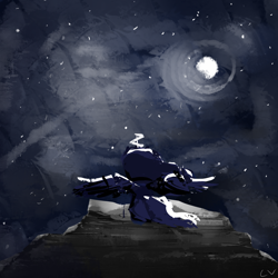 Size: 1000x1000 | Tagged: safe, princess luna, alicorn, pony, g4, magic, moon, moon work, night, night sky, outdoors, rear view, sky, solo, spread wings, stars, telekinesis, wings